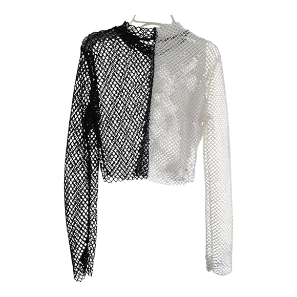 Sheer Two-tone Mesh Crop Top Medium Black White Festival Concert Metal Grunge - Picture 2 of 4